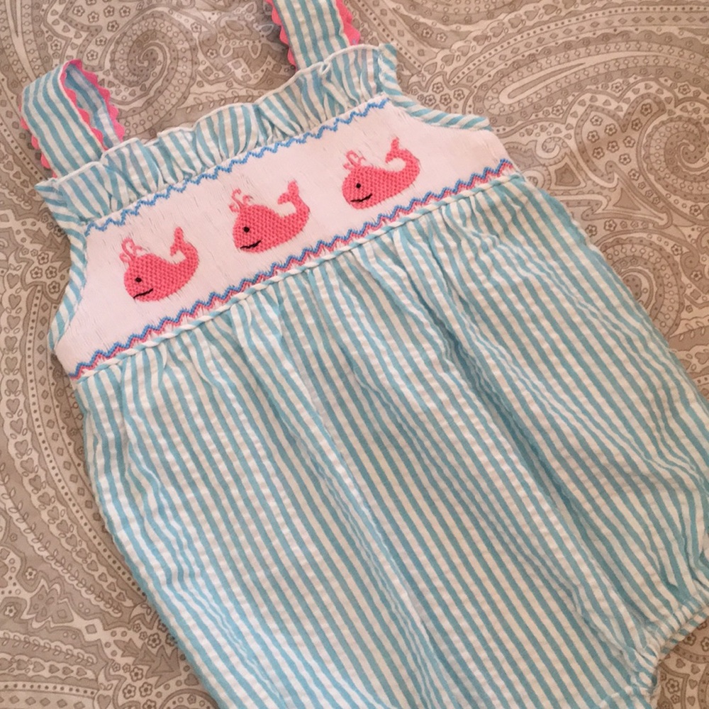 Smocked Seersucker Girls Whale Bubble 9 months